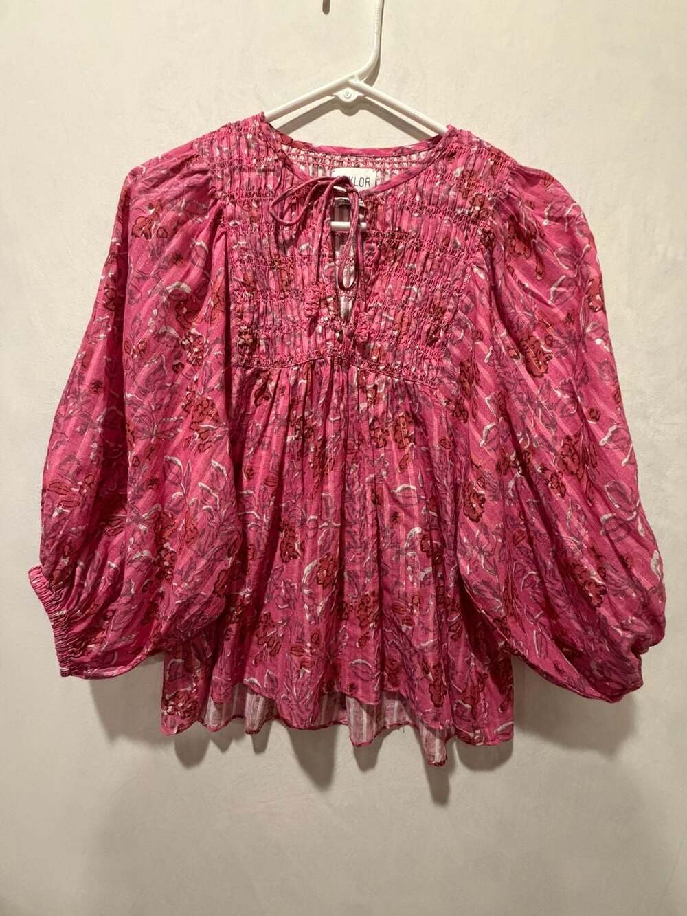 Saylor Pink Floral Printed Long Sleeve Top with Smocked Detail Size S